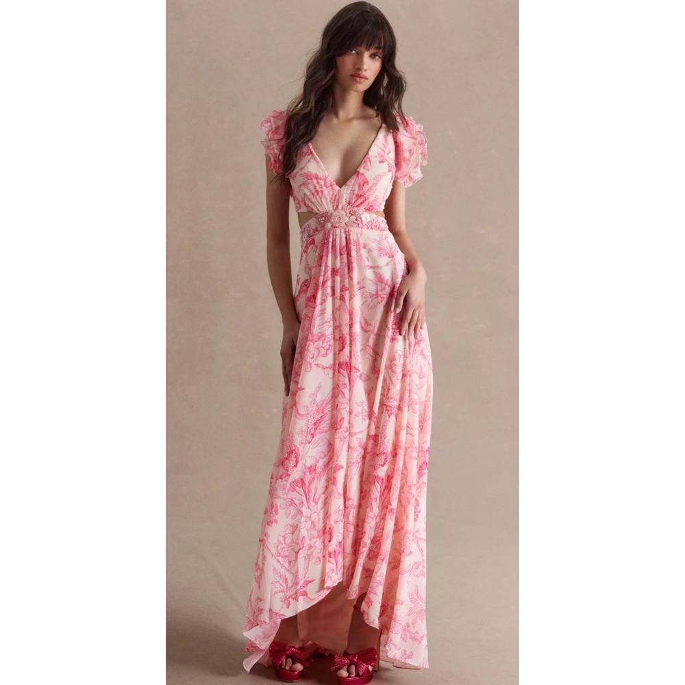 Mac Duggal Pink Floral Beaded Waist Ruffle Maxi Dress Size 8 NWT Gown
